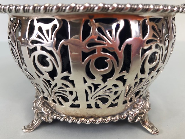 Silver hallmarked open work or pierced design basket with twin handles on four splayed feet - Image 3 of 11