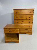 Pine effect chest of five drawers and a matching bedside table