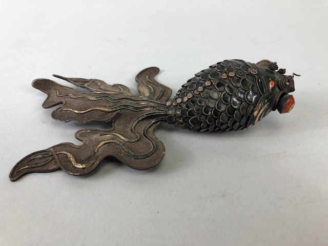 Chinese white metal and enamel articulated fan tail gold fish, approximately 17cm in length, A.F - Image 4 of 8