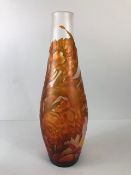 Émile Gallé style tall glass vase Art Nouveau style, the tapering body decorated with trailing red