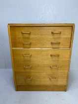 Mid Century chest of five drawers by maker G-Plan, gold stamp to upper drawer, approx 76cm x 46cm