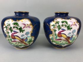 Pair of New Chelsea Staffordshire hand painted porcelain vases decorated with birds and gold