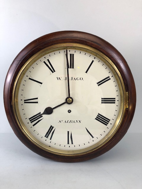 Antique Clock, Round dial eight day wall clock mahogany case with brass framed dial, Roman