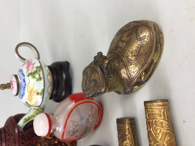 Collection of oriental collectables to include Chinese snuff bottles, decorated metal tea pots, - Image 7 of 10