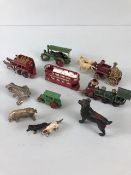 vintage toy interest, five play worn Lesney vehicles, train, bus, tram, steam roller x2 and a