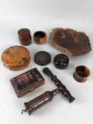 Collection of Treen (Burr Walnut) and a Victorian Brass corkscrew with a coat of arms