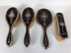 Silver and Tortoise shell vanity/ dressing table brush set comprising hand held mirror and three