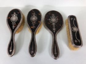 Silver and Tortoise shell vanity/ dressing table brush set comprising hand held mirror and three