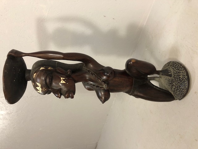 African Sculpture, a large carved wooden statue of a Kneeling woman wearing beads and carrying a - Image 4 of 5