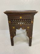 Indian hardwood carved side table or tea table with inlay, approx 37cm x 37cm x 52cm