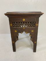 Indian hardwood carved side table or tea table with inlay, approx 37cm x 37cm x 52cm