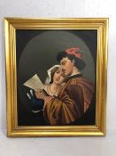 19th century Italian Romantic Painting of two sweet hearts, Oil on canvas in a later gilded frame