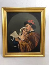 19th century Italian Romantic Painting of two sweet hearts, Oil on canvas in a later gilded frame