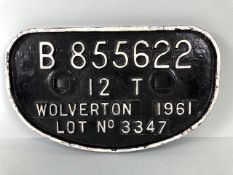 Railway Interest, Cast metal sign B855622, 12T, Wolverton 1961, Lot No 3347, approximately 28 x 17