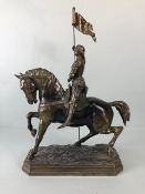 French Silvered metal statue of Joan of Arc riding in to battle carrying a guidon signed to base C H