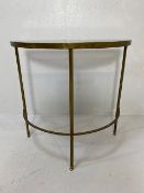 Mid Century brass and smoked glass half moon console table on fluted legs, approx 77cm x 39cm x 77cm