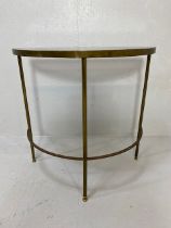 Mid Century brass and smoked glass half moon console table on fluted legs, approx 77cm x 39cm x 77cm