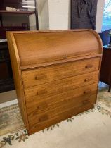 Mid Century teak veneer rolltop desk with four drawers, approx 90cm x 48cm x 100cm