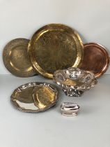 Good collection of silver plate and brassware to include Mappin and Webb bonbon or sweetmeat dish of