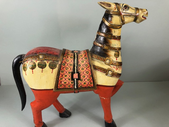 Decorative interest, pair of 20th century carved and hand painted wooden Indian horse statues both - Image 4 of 7