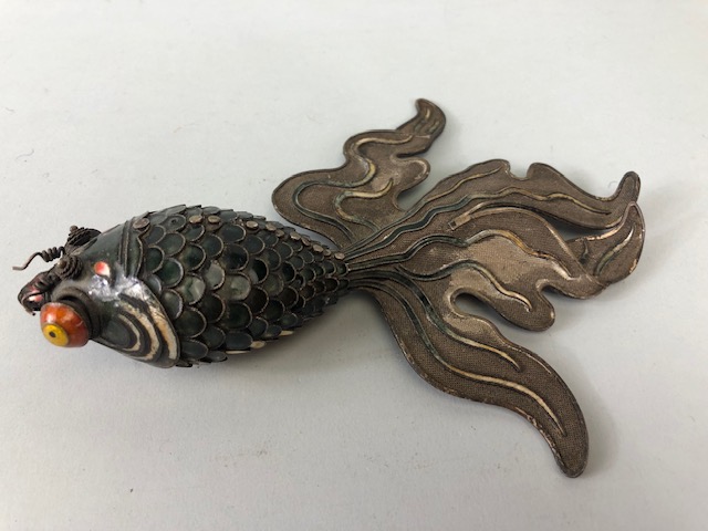 Chinese white metal and enamel articulated fan tail gold fish, approximately 17cm in length, A.F