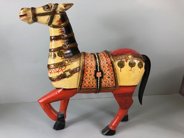 Decorative interest, pair of 20th century carved and hand painted wooden Indian horse statues both - Image 2 of 7