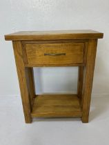 Modern solid oak console or hall table with drawer and shelf under, approx 60cm wide