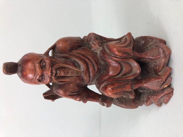 Oriental wooden carvings, to include Two Immortals a seated old man and a pair of children decorated - Image 18 of 21