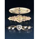 9ct Gold Sweetheart Brooch set with seed pearls (2.4g) and two other brooches both A/F