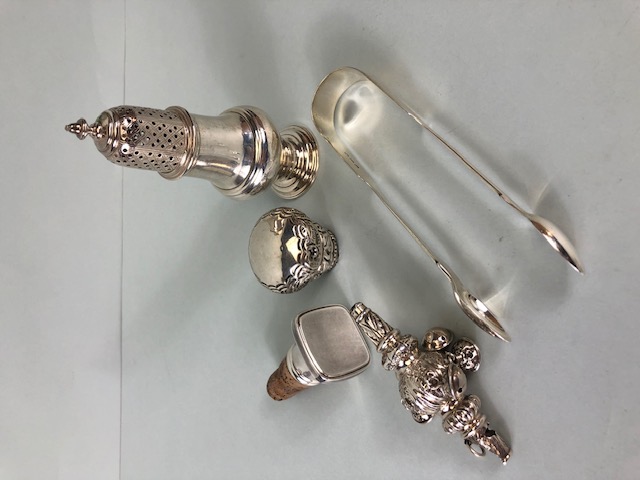 Collection of Silver items to include babies Rattle, bottle stopper, Sugar nips, Sugar sifter,