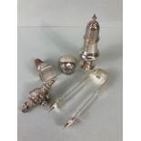 Collection of Silver items to include babies Rattle, bottle stopper, Sugar nips, Sugar sifter,