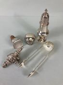Collection of Silver items to include babies Rattle, bottle stopper, Sugar nips, Sugar sifter,