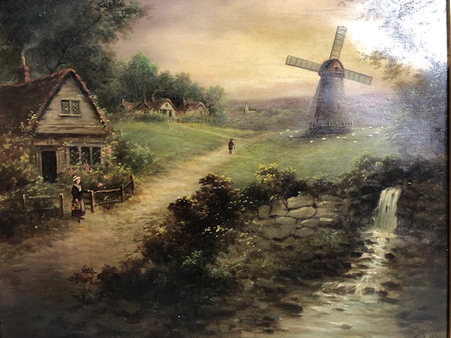 Paintings, Oil painting on Canvas of a country scene depicting a cottage and windmill, signed F T - Image 2 of 6