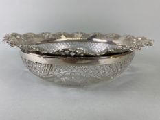 Glass Bowl with ornate Hallmarked silver flared and pierced floral rim, hallmarked for Birmingham by