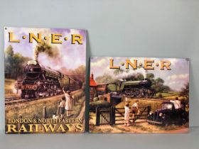 Railway Interest, Two LNER metal advertising signs depicting trains, mounted on Perspex backings