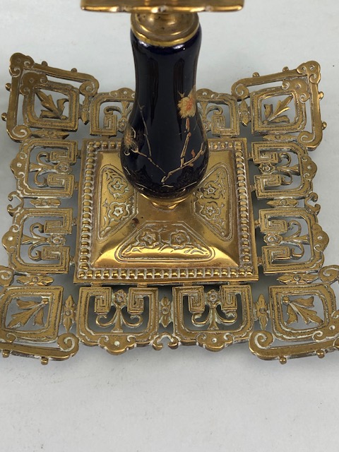 Oriental interest, Pair of 19th century Chinoiserie brass candlesticks of open fret work , cobalt - Image 10 of 10