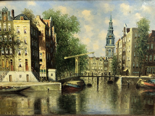 Paintings , Oil on canvas of a Dutch Canal scene signed in bottom left HEEN HOVEN, in decorative - Image 2 of 7