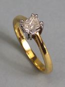 18ct yellow gold hallmarked, cushion cut solitaire diamond ring approximately size M, 3.18g total
