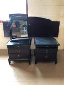 Pair of bedside tables with matching headboard by maker Stag and Stag vanity mirror