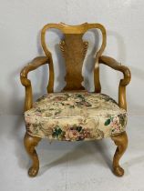 Antique low elbow chair on Queen Ann legs, with burr walnut splat