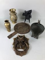 Oriental brass objects, to include 2 bronze Han lamps or censers, Chinese and Japanese vases, a