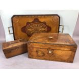 Antique 19th century wooden tea caddy, a marquetery inlaid writing box and a wooden marquetery