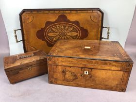 Antique 19th century wooden tea caddy, a marquetery inlaid writing box and a wooden marquetery