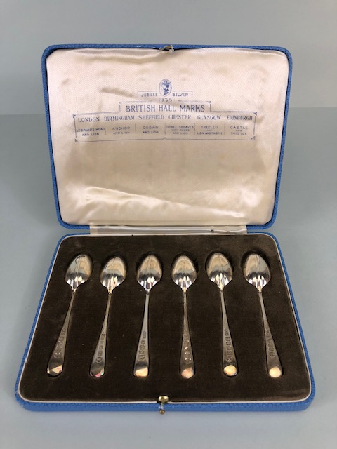 Boxed set of Jubilee Hallmarked Silver spoons (6) for Edinburgh 1935 by maker Romney "R&B" with - Image 2 of 19