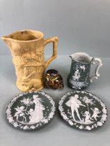 Miscellaneous pottery, Three Items of green jasperware, two plaques and a jug with classical