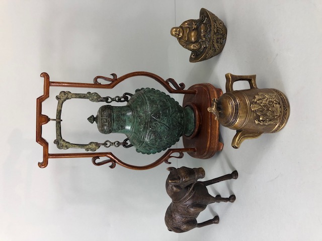 Chinese brass or bronze items, Han dynasty style vessel on stand, Tang style horse, immortal tea pot