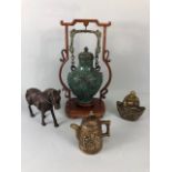 Chinese brass or bronze items, Han dynasty style vessel on stand, Tang style horse, immortal tea pot