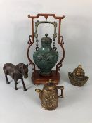 Chinese brass or bronze items, Han dynasty style vessel on stand, Tang style horse, immortal tea pot