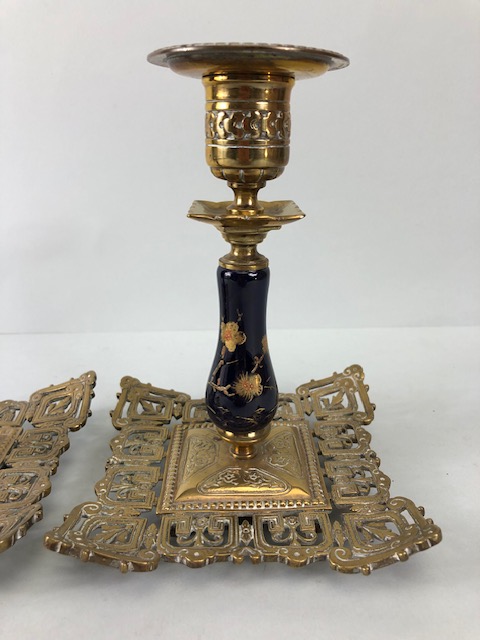 Oriental interest, Pair of 19th century Chinoiserie brass candlesticks of open fret work , cobalt - Image 3 of 10