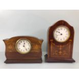 Antique Clocks, Two Edwardian wooden cased mantel clocks, both inlaid with typical marquetery work